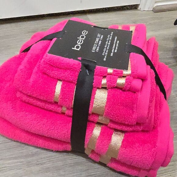 Bebe 6-Piece Gold Striped Embroidered Towel Set- Pink/Gold - Picture 3 of 7